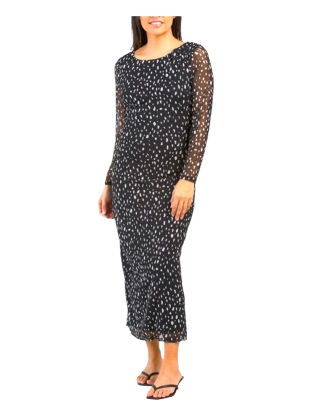 Rachel Zoe Black and White Dot Print Long Sleeve Ruched Mesh Midi Dress L